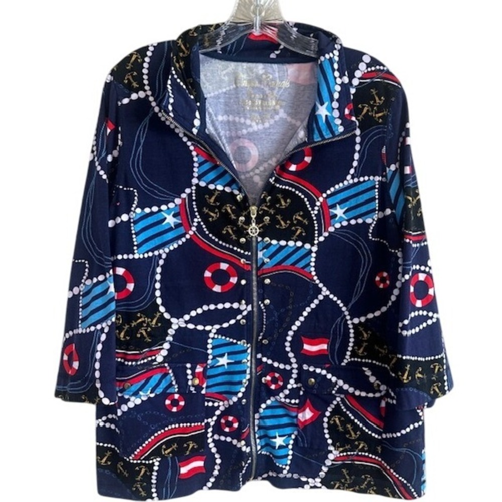 Onque Casuals Women's Nautical Anchor Navy‎ Zip Up 3/4 Sleeve Jacket XL Cruise